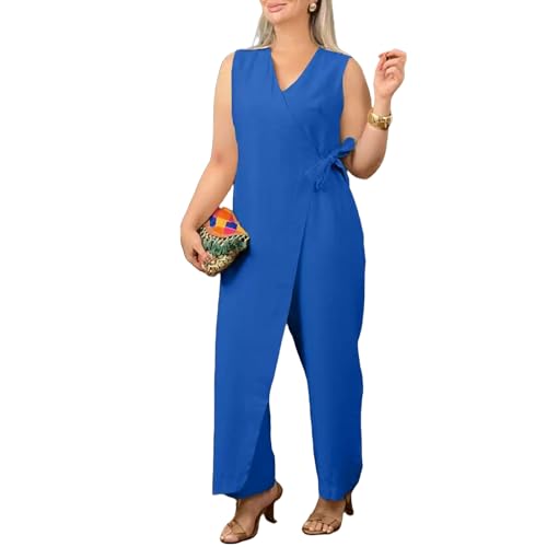 Women's Casual V-Neck Cross Strap Jumpsuit, Summer Sleeveless High Waist Wide Leg One Piece Outfits (Blue,S) von Jeeeun