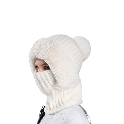 Women's Knitted Hat In Autumn, 3 In 1 Scarf Hat Mask Integrated Knitted Beanie, Winter Hooded Scarf Hats for Women (White) von Jeeeun