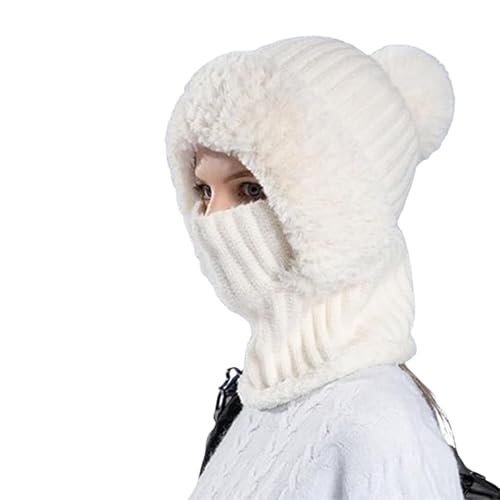 Women's Knitted Hat in Autumn and Winter, 3 in 1 Cold Resistant Hat, Scarf Hat Mask Integrated Knitted Beanie (White) von Jeeeun