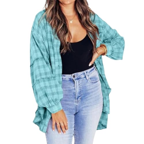 Women's Seams Raw Edge Washed Oversized Shirt Jacket, Flannel Shirt Women (Lake Blue,L) von Jeeeun