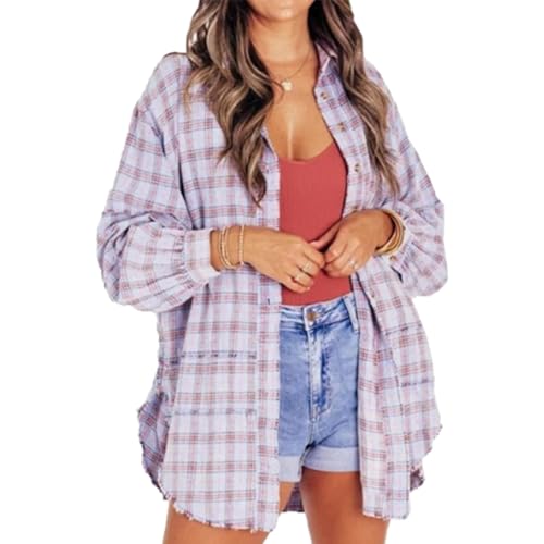 Women's Seams Raw Edge Washed Oversized Shirt Jacket, Flannel Shirt Women (Purple,XL) von Jeeeun