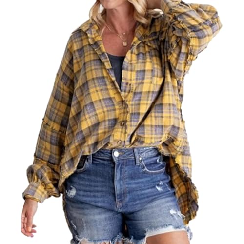 Women's Seams Raw Edge Washed Oversized Shirt Jacket, Flannel Shirt Women (Yellow,2XL) von Jeeeun