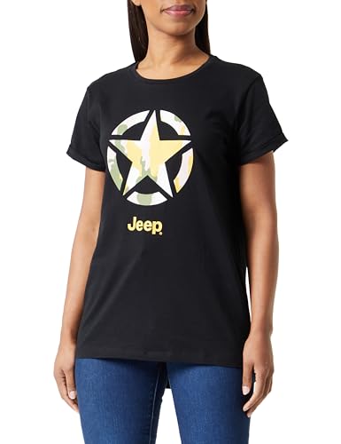 JEEP O102927-B000 J Damen T-Shirt Oversize - Star Aufdruck Baumrinde Camouflage Hintergrund - Ärmel hochgekrempelt J23W Black L von Jeep