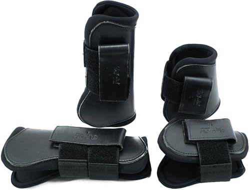 Jeereal Gamaschen für Pferdesehnen, vorne offen, Schutzausrüstung und Trainingsausrüstung, Neopren, atmungsaktives, wasserdichtes Gewebe und echtes Leder, 4er-Set (Schwarz, Cob (Medium)) von Jeereal