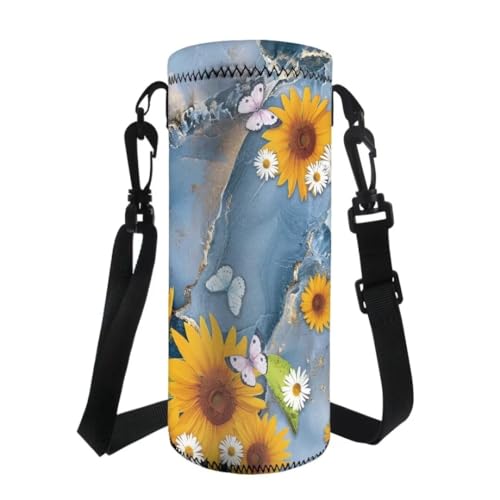 Jeiento Blaue Schmetterlingsmarmor-Wasserflaschentasche mit Riemen, Sonnenblume und Gänseblümchen, leichte Wasserflaschen-Tasche für Edelstahl-/Glas-/Kunststoffflaschen, Outdoor, Sport, Laufen von Jeiento