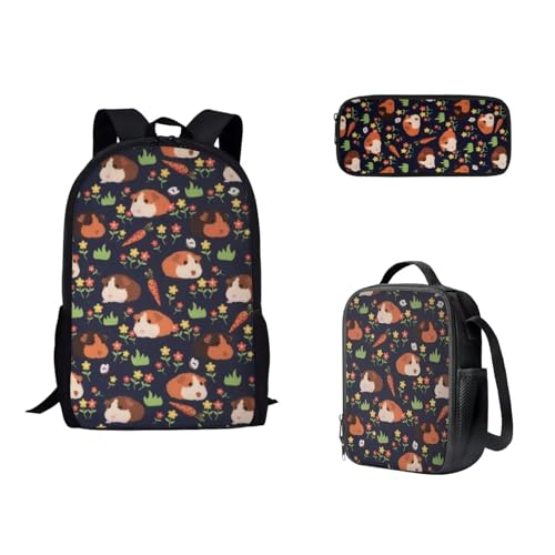 Jeiento Schultaschen-Set mit Meerschweinchen-Blumen, für Erwachsene, Teenager, Jungen, Mädchen, Büchertasche mit wiederverwendbarer, isolierter Lunchtasche und Federmäppchen von Jeiento