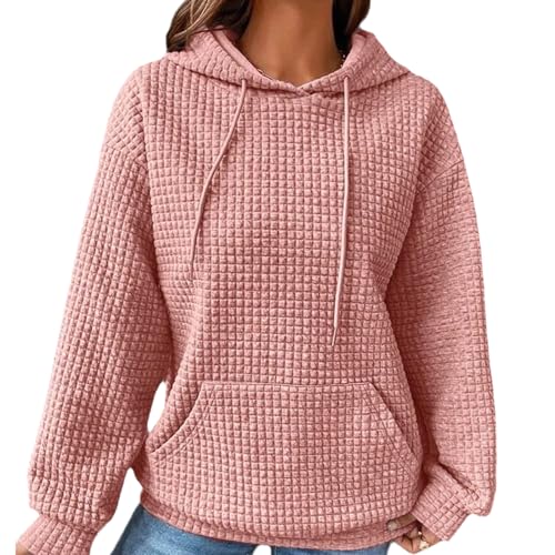 Jelaqmot Womens Hoodies Fall Fashion Waffle Drawstring Hooded Sweatshirt, Cute Casual Loose Pullover Comfrt Hoodie (Pink,XL) von Jelaqmot