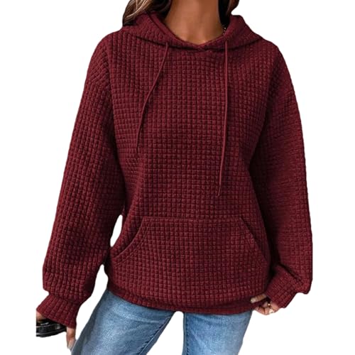 Jelaqmot Womens Hoodies Fall Fashion Waffle Drawstring Hooded Sweatshirt, Cute Casual Loose Pullover Comfrt Hoodie (Red,S) von Jelaqmot