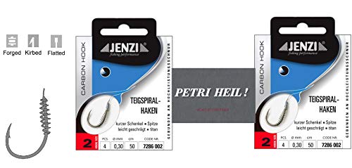 Set: 2 Packungen JENZI Teigspiralhaken Forellen-Haken, Teighaken gebunden (8 Stück) Hakengröße 2, 4, 6, 8 &10 + gratis Petri Heill! Aufkleber (Hakengröße 2) von .Jenzi