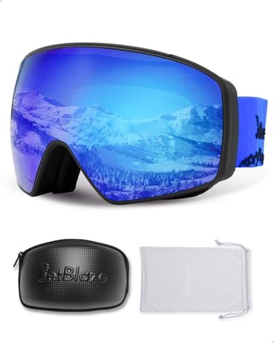 JetBlaze Skibrille Herren Damen OTG Skibrille mit Wechselglas für Brillenträger Schneebrille Anti Nebel Snowboardbrille Ski Goggles für Skifahren Kompatibler Helm Sphärisch Verspiegelt Blaue Linse von JetBlaze