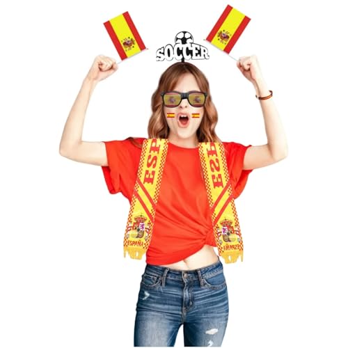 Jevuoyee Europacup-Dekor, Spanisch Fans Kopftuch, Spanische Sonnenbrille, Spanische Aufkleber, Spanisch gewebtes Armband, Spanischer Schal, Spanische Handflagge von Jevuoyee