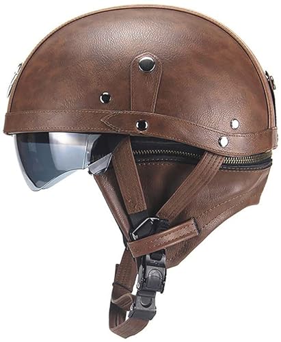 Deutsche Leder Motorrad Halbhelme Retro Halbschalenhelm Jet Helm Mit Visier Schnellverschluss Schnalle Für Cruiser Chopper Biker Moped DOT/ECE-Zulassung A,L/(59~60cm) von JianJud