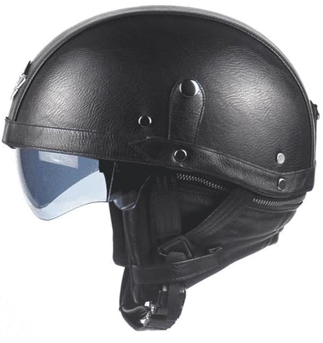 Deutsche Leder Motorrad Halbhelme Retro Halbschalenhelm Jet Helm Mit Visier Schnellverschluss Schnalle Für Cruiser Chopper Biker Moped DOT/ECE-Zulassung B,M/(57~58cm) von JianJud