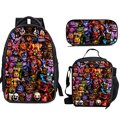 Jilijia FNAF Rucksack 3 Teilig Five Nights Spiel Schultasche 3D Gedruckt Schultertasche Federmäppchen für Jungen und Mädchen Weihnachten Geburtstag Geschenke, Typ 1, Einheitsgröße, Schulranzen-Set von Jilijia