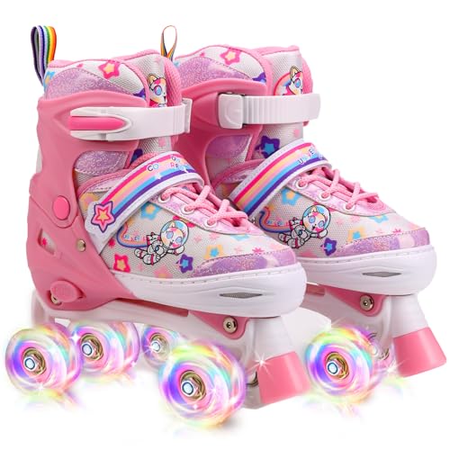 Rollschuhe Kinder, Rollschuhe für Mädchen und Anfänger, 4 Größen Verstellbar Rollerskates mit Leuchtenden Rollen atmungsaktivem Obermaterial für Weihnachts und Geburtstags Geschenke (Pink, M) von JinFugron