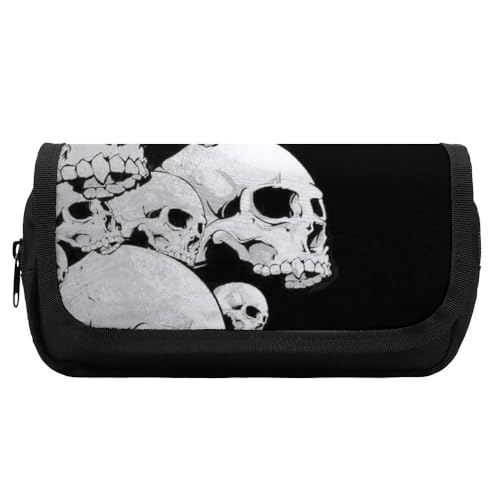 JiuPopular Doppelschichtiges Federmäppchen, schwarze Totenkopf-Schreibwaren-Tasche als Federmäppchen für Büro und Schule, Geschäftsreisetasche oder kleine Werkzeugbox, Make-up-Tasche für Mädchen, von JiuPopular