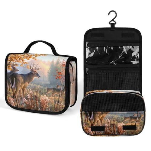 JiuPopular Kulturbeutel zum Aufhängen, Jagd, Hirsch, Familie, Make-up-Tasche für Reisen, Business, Urlaub, Jagd Hirschfamilie, 22.5x18.5cm von JiuPopular