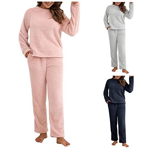 Schlafanzug Pyjama,Damen Winter Warme Fleece Schlafanzug Flauschig Rundhals Sweatshirt Oberteile Einfarbig Plüsche Hose Pyjamas Set,Schlafen Nachtwäsche Zweiteilig mit Taschen,Winter Warm Anzug Set von JoCome