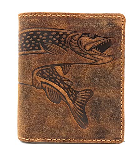 kleine echt Leder Geldbörse hoch mit RFID Schutz Hunterleder Portemonnaie Anglerbörse Fisch Hecht von Jockey Club