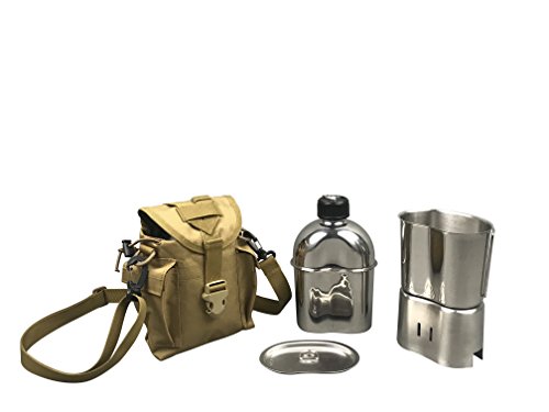 Jolmo Lander Militär-Kantinen-Kochgeschirr-Set, Camping-Kantine, Mess-Set, Edelstahl-Kantine mit Tasse, Deckel, Herd, Tasche (Sandbraunes Set) von Jolmo Lander