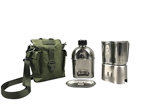 Jolmo Lander US Militär komplettes Kochset Edelstahl US Feldflasche Set,mit Feldflasche1.2L,Becher 0.8L, Kocher,Hülle (Olive drab) von Jolmo Lander