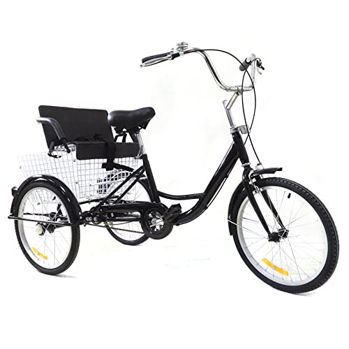 Jolre 20-Zoll-Dreirad für Erwachsene, Freizeit-Dreirad, Fahrrad für Erwachsene, Cruising-Dreirad mit Kindersitz und Einkaufskorb, schwarz. von Jolre