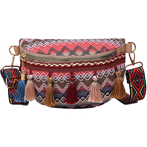 Gürteltasche im Folk-Stil, gewebt, Boho-Stil, Crossbody-Tasche, leicht und langlebig, bunt, geflochtene Schultertasche, modische Quaste, ethnischer Stil, rot, 1 von Jomewory