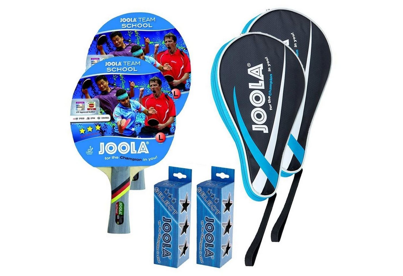 Joola Tischtennisschläger 2x Team School + 2x Pocket blau + 6 Bälle, Tischtennis Schläger Set Tischtennisset Table Tennis Bat Racket von Joola
