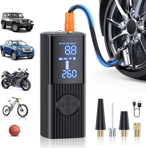 8000mAh Tragbare Elektronische Luftpumpe, 180PSI Akku Reifenpumpe mit Manometer/Digitalem LED-Display, Mini Kompressor mit USB/LED-Licht für Auto, Motorrad, Fahrrad, Bälle und Schwimmringe (Schwarz) von JoyFan