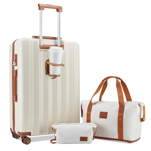 Joyway Koffer Groß Kofferset, Hartschalen Reisekoffer mit Getränkehalter, 4 Rollen TSA-Schloss Der Koffer Enthält 1 Reisetasche und 1 Kulturbeutel, Beige Braun von Joyway