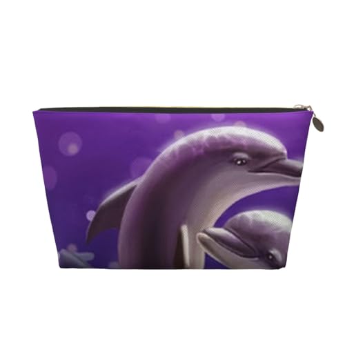 JOYXEONA Kulturbeutel aus Leder mit süßem Meerestier-Delfin-Aufdruck, Kosmetiktasche, Reisetasche, Clutch-Tasche, gold, Einheitsgröße von Joyxeona