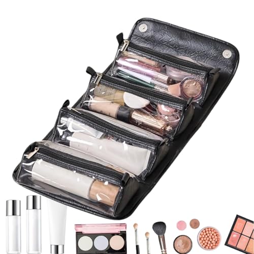 Kulturbeutel zum Aufrollen, große Kapazität, Leder, wasserdicht, Kosmetik- und Make-up-Tasche, flache Öffnung mit 4 abnehmbaren transparenten Fächern, tragbare Tasche mit Griff für Zubehör, Schwarz , Kulturbeutel zum Aufrollen, große Kapazität, Leder, wasserdicht, Kosmetik- und Make-up-Tasche, flache Öffnung mit 4 abnehmbaren transparenten Fächern, tragbare Tasche mit Griff für Zubehör, Schwarz , von Jubepk