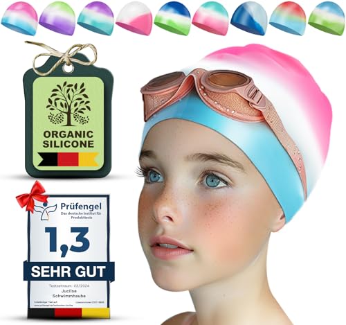 Juclise Kinder Schwimmkappen, 100% Silikon, dehnbar, wasserdicht, bequem, für Lange und Kurze Haare, 1 & 2er Pack (Rosa Blau, 3-8 Jahre alt) von Juclise