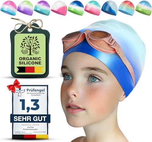 Juclise Silikon Schwimmkappe, Wasserdicht, Dehnbar, für Lange und Kurze Haare, 1-2 Stück (Hellblau&Dunkelblau, 3-8 Jahre alt) von Juclise