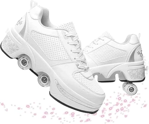 Verformung Zweireihige Schuhe, multifunktionale Rollschuhe für Erwachsene und Kinder, einziehbare Kick-Roller-Schuhe, universelle Wanderschuhe, vier Runden verstellbare Laufschuhe,White Sliv von JuiShNen