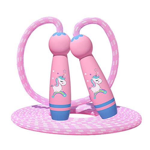 Springseil Kinder mit Cartoon Holzgriff, Verstellbare Kinder Springseil, Einhorn Speed Rope Geschenke für Jungen und Mädchen, Kinder Einstellbar Baumwolle Seilspringen 6 8 10 Jahre (Rosa Einhorn) von JunMallko