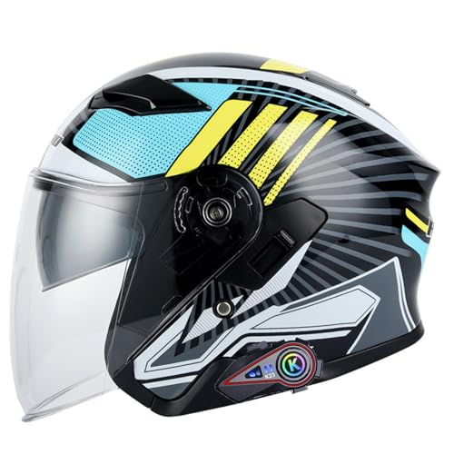 Bluetooth Jethelm Motorradhelm ECE Zertifizierung Integrierter Bluetooth-Helm Jet Scooter Helm Rollerhelm Jet-Helm Herren Damen mit Doppelvisier B,XXL von JunPing