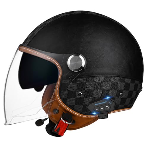 Bluetooth Motorradhelm mit ECE, Jethelm Retro Halbschalenhelm Motorradhalbhelm mit mit Doppelvisier, Chopper Helm Scooter-Helm Offenem Helm, mit Sonnenblende Herausnehmbares Futter 2,XL=61~62cm von JunPing