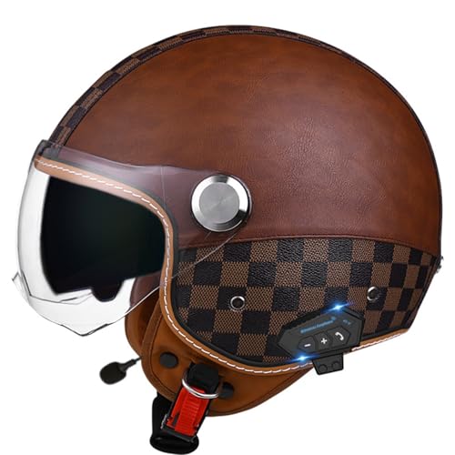 Bluetooth Motorradhelm mit ECE, Jethelm Retro Halbschalenhelm Motorradhalbhelm mit mit Doppelvisier, Chopper Helm Scooter-Helm Offenem Helm, mit Sonnenblende Herausnehmbares Futter 3,XL=61~62cm von JunPing