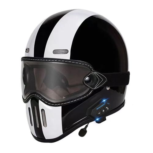 Bluetooth Vintage Integralhelm Motorradhelm mit Brille, ECE Zertifiziert RollerHelm, Vollvisierhelm Mopedhelm für Herren und Damen, Motorrad-Integralhelm Atmungsaktiv 4,XL=61~62cm von JunPing