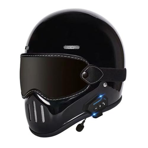 Bluetooth Vintage Integralhelm Motorradhelm mit Brille, ECE Zertifiziert RollerHelm, Vollvisierhelm Mopedhelm für Herren und Damen, Motorrad-Integralhelm Atmungsaktiv 9,L=59~60cm von JunPing