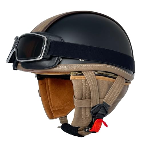 Halbhelme Motorradhelm Halbschalenhelm mit ECE Genehmigt Brain-Cap, Motorrad Half Helm, Halbschale Roller-Helm Scooter-Helm Jet-Helm Mit Fliegerbrille Retro für Erwachsene Herren Damen 10,XXL=63~64cm von JunPing