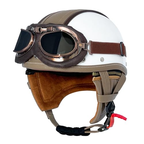 Halbhelme Motorradhelm Halbschalenhelm mit ECE Genehmigt Brain-Cap, Motorrad Half Helm, Halbschale Roller-Helm Scooter-Helm Jet-Helm Mit Fliegerbrille Retro für Erwachsene Herren Damen 3,M=57~58cm von JunPing