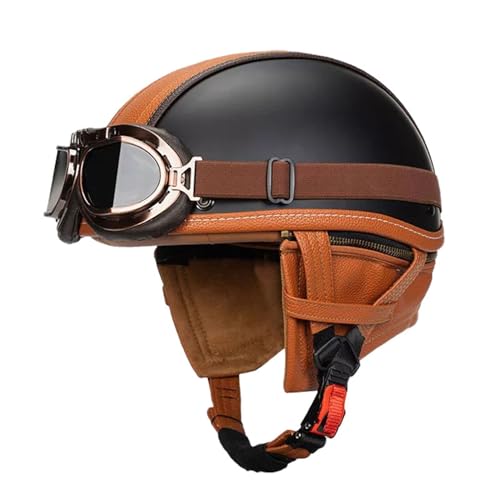 Halbhelme Motorradhelm Halbschalenhelm mit ECE Genehmigt Brain-Cap, Motorrad Half Helm, Halbschale Roller-Helm Scooter-Helm Jet-Helm Mit Fliegerbrille Retro für Erwachsene Herren Damen 5,L=59~60cm von JunPing