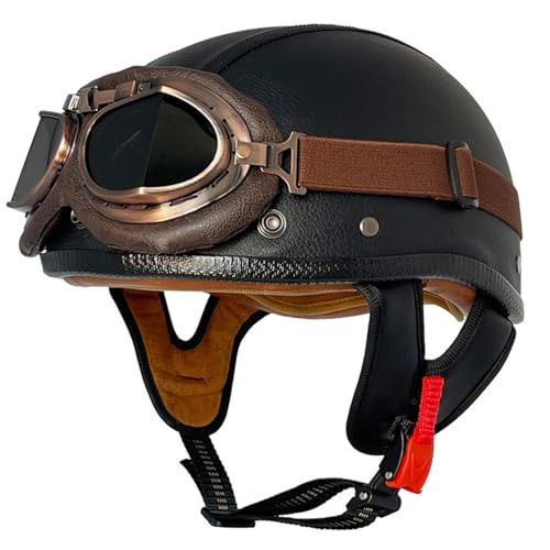 Halbschalenhelm Brain-Cap · Vintage Motorrad Halbhelme Erwachsene Motorrad-Helm Halbschale Jet-Helm Roller-Helm Scooter-Helm Mofa-Helm Retro mit Brille ECE zertifizierter 20,M=57~58cm von JunPing