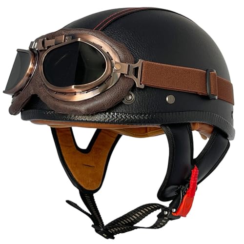 Halbschalenhelm Brain-Cap · Vintage Motorrad Halbhelme Erwachsene Motorrad-Helm Halbschale Jet-Helm Roller-Helm Scooter-Helm Mofa-Helm Retro mit Brille ECE zertifizierter 23,L=59~60cm von JunPing