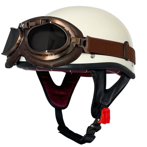 Halbschalenhelm Brain-Cap · Vintage Motorrad Halbhelme Erwachsene Motorrad-Helm Halbschale Jet-Helm Roller-Helm Scooter-Helm Mofa-Helm Retro mit Brille ECE zertifizierter 38,M=57~58cm von JunPing