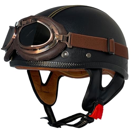 Halbschalenhelm Brain-Cap · Vintage Motorrad Halbhelme Erwachsene Motorrad-Helm Halbschale Jet-Helm Roller-Helm Scooter-Helm Mofa-Helm Retro mit Brille ECE zertifizierter 4,XXL=63~64cm von JunPing