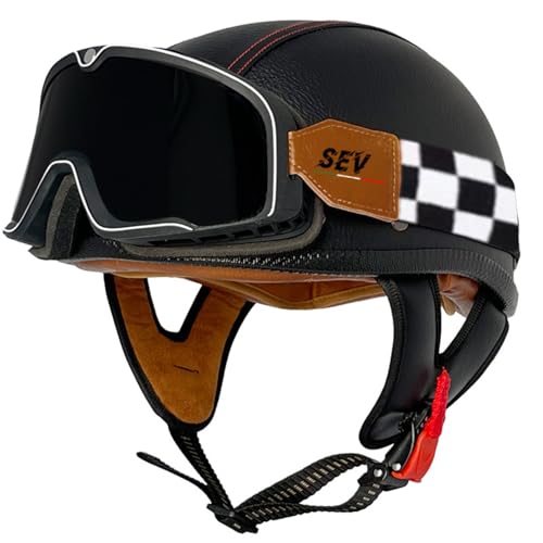 Halbschalenhelm Halbhelme Motorradhelm mit ECE Genehmigt Brain-Cap Halbschale Roller-Helm Scooter-Helm Jet-Helm mit Schutzbrille Retro für Erwachsene Herren Damen 19,XXL=63~64cm von JunPing