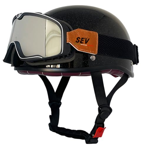 Halbschalenhelm Halbhelme Motorradhelm mit ECE Genehmigt Brain-Cap Halbschale Roller-Helm Scooter-Helm Jet-Helm mit Schutzbrille Retro für Erwachsene Herren Damen 22,XXL=63~64cm von JunPing